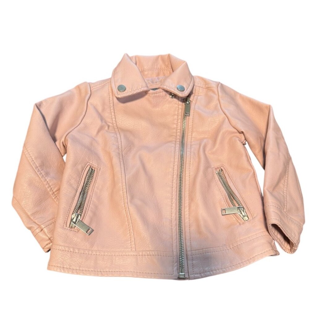 Girls Toddlers Faux Leather Pink Moto Jacket 18-24M With Asymmetrical Zipper